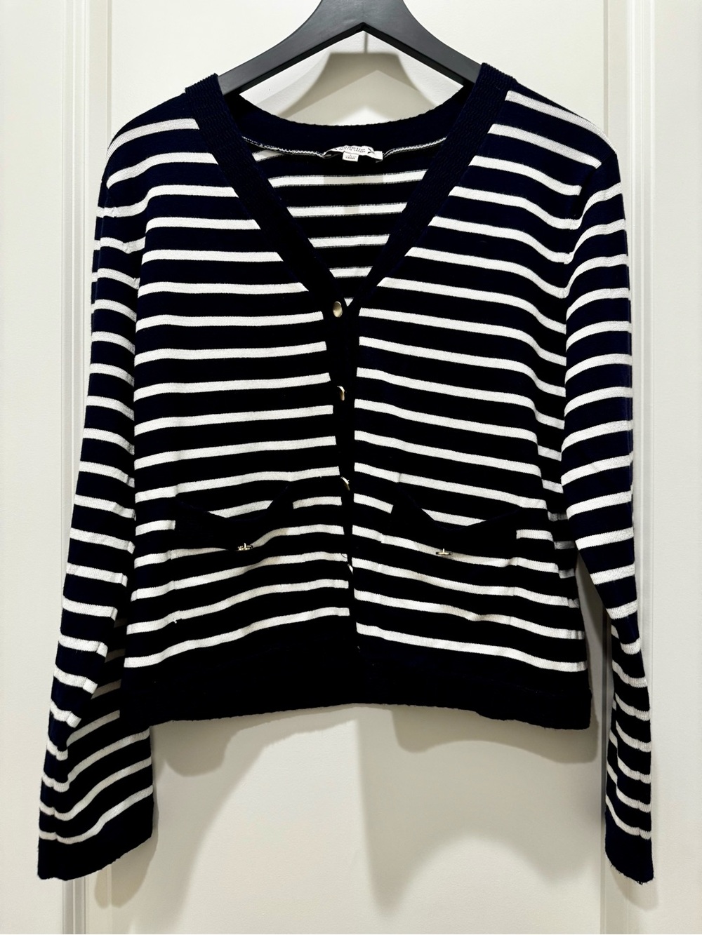 Nanette Lepore Navy and White Striped V-Neck Cardigan